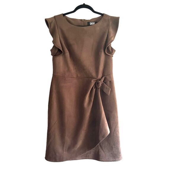 DKNY Faux Suede Side-Draped Sheath Dress Toffee NWOT Sz‎ 10 - Picture 2 of 5